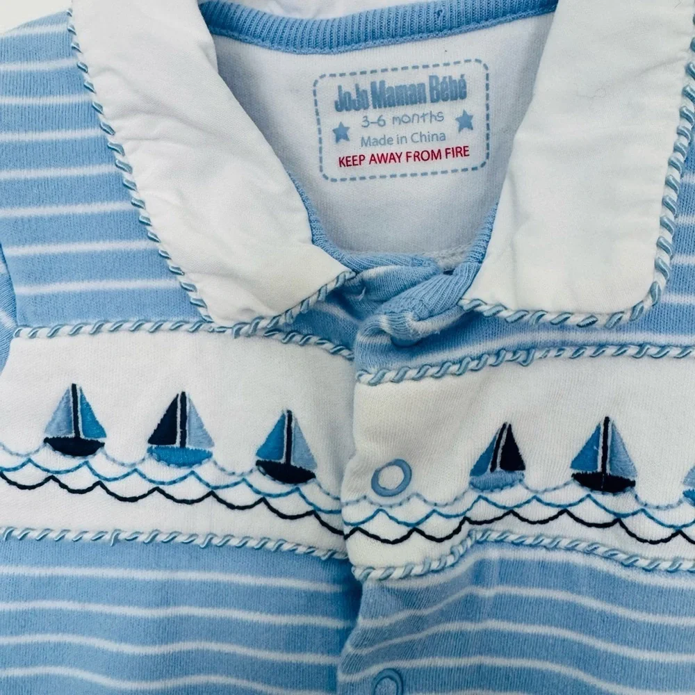 JoJo Maman Bebe Blue Boat Embroidered Sleepsuit 3-6M